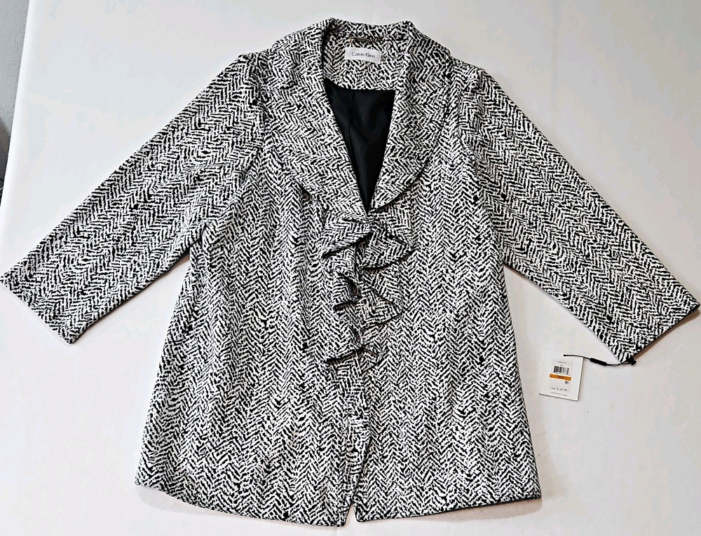 NWT Calvin Klein Women's Black White Herringbone Tweed Ruffle Lined Blazer 16W